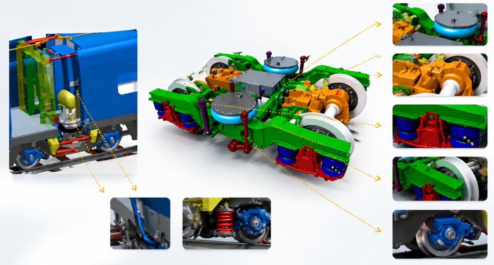 Bogie wireframe diagram highlighting primary and secondary suspension positions of bump stops and rubber mats